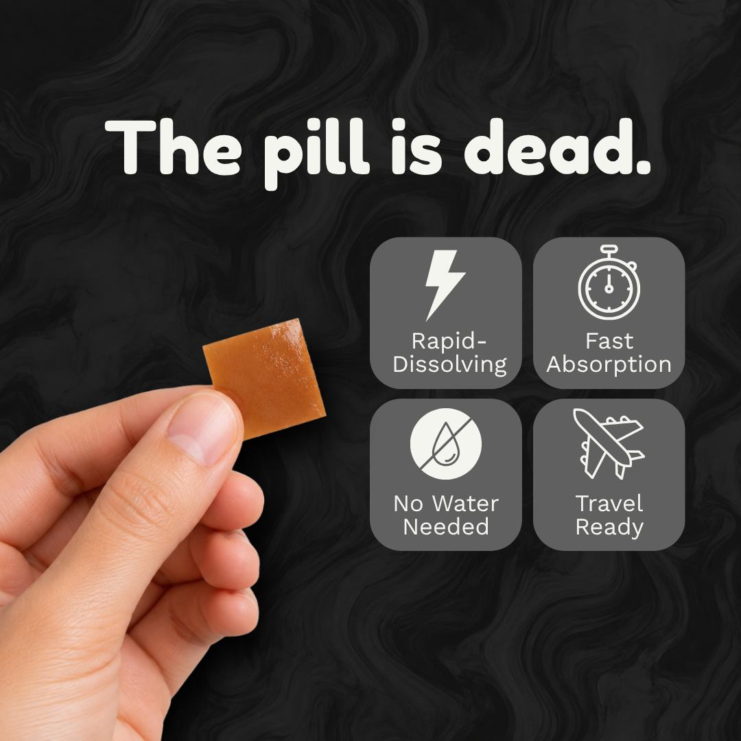 A hand holds a small brown rectangular tablet against a dark marbled background with the text 'The pill is dead.' and four feature icons for rapid dissolving, fast absorption, no water needed, and travel ready.